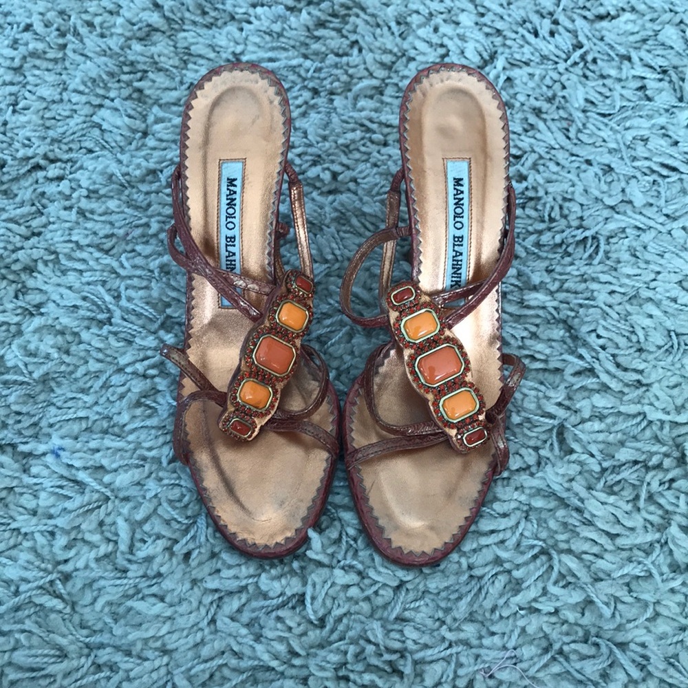 Manolo Blahnik Orange/Gold Strap Sandals